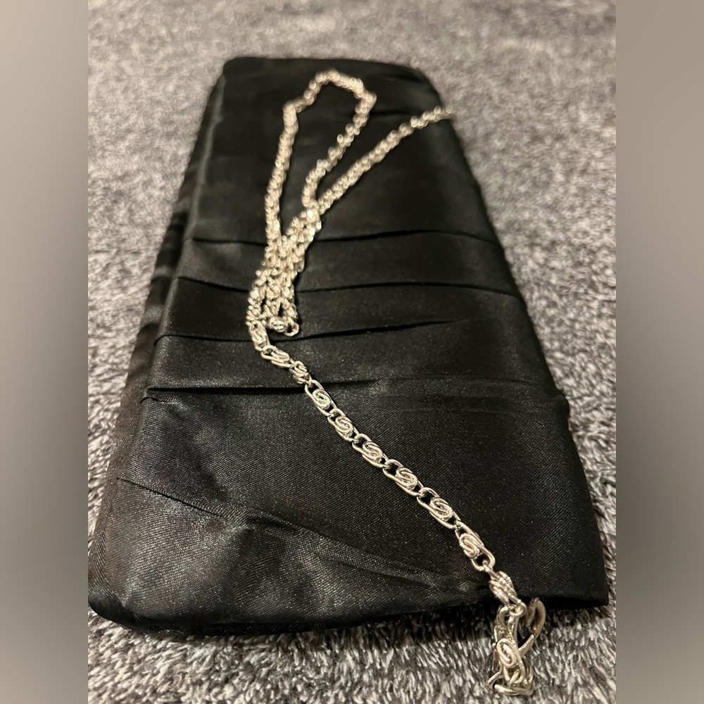 Belleza Black Satin Clutch/Shoulder Bag with removable silver chain strap EUC